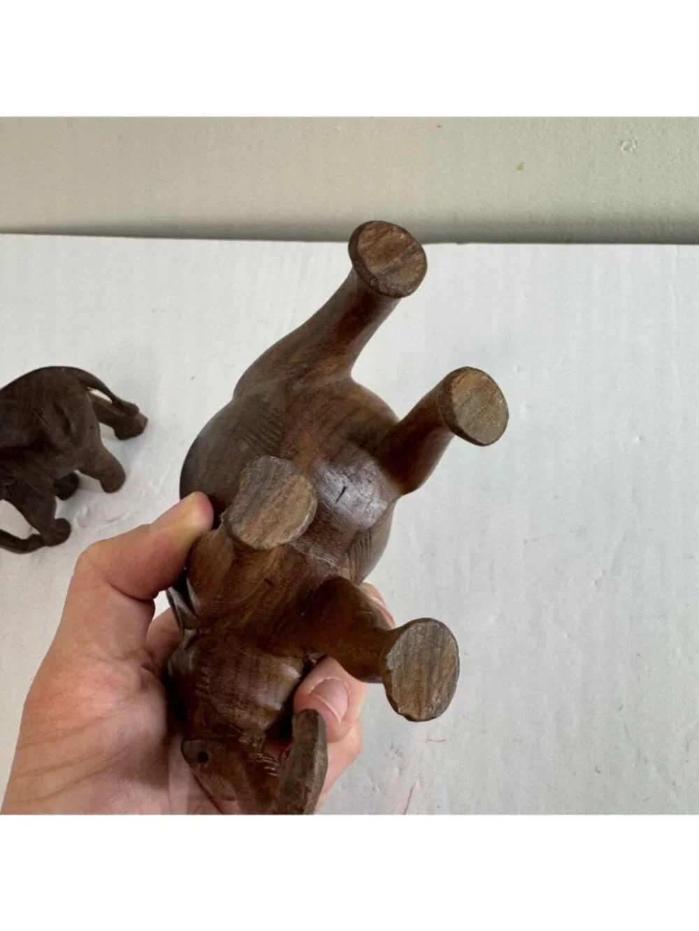 Hand Carved Wooden Elephant Figurines Lot Vtg Carved Wood Animal Decor Set of 3